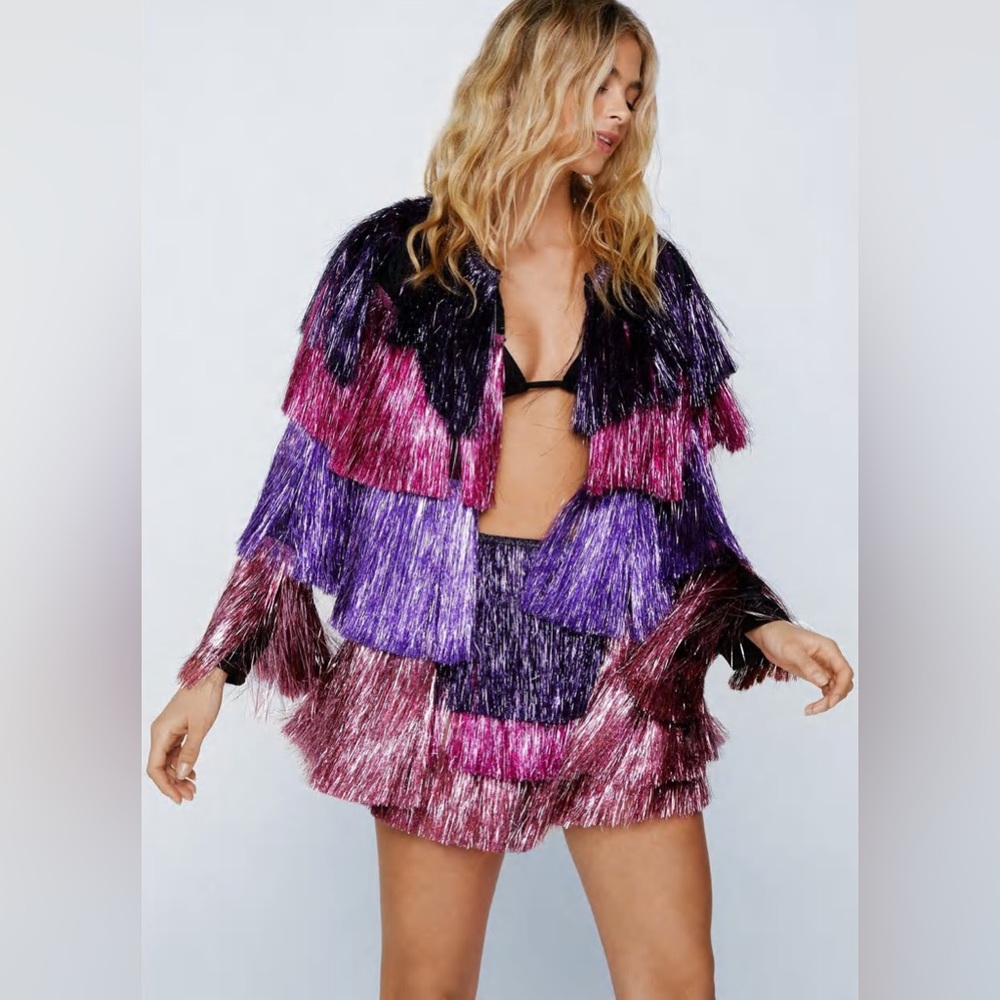 Nasty Gal 🩷💜 - Metallic Tiered Fringe Open Front Jacket + Shorts (size 8)
